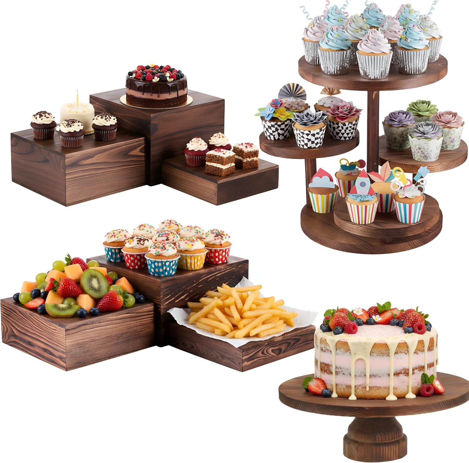 Display Risers Set - مجموعة من 8 حوامل كيك خشبية